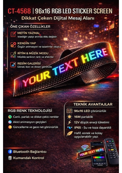 1 Adet Cata Ct 4568 Esnek Yapışkanl Matrix Led Panel 60x12 Rgb