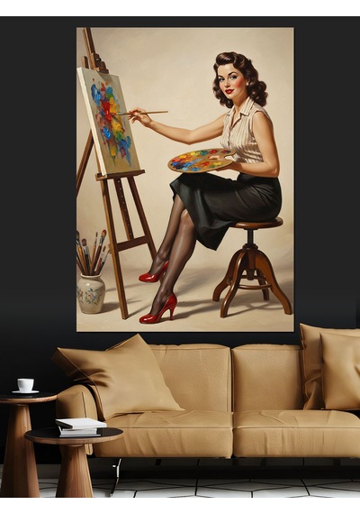 Ahşap Tablo Ressam Kadın Fırça Boya