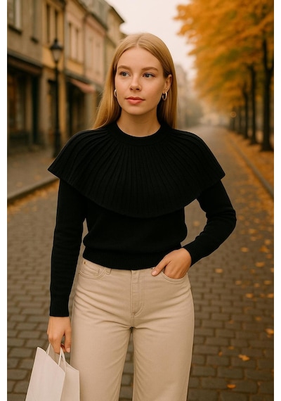 Hira Life Fashion Kadın Fırfır Detaylı Kısa Kazak Siyah Siyah