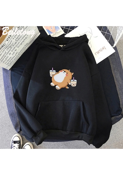 Startmore Siyah Boba Çay Hoodie Sevimli Köpekbüyük Boy Karikatür Hoodie Kawaii İ K Siyah