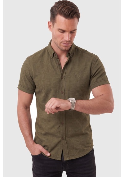 Rizzup Erkek Slim Fit Likralı Jakar Dokulu Haki Kısa Kol Gömlek Esnek Nakış Armalı 2604356