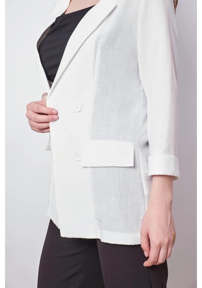 Yazlık Likrasız Keten Kumaş Yakalı Cep Kapaklı Oversize Blazer Ceket-beyaz Beyaz