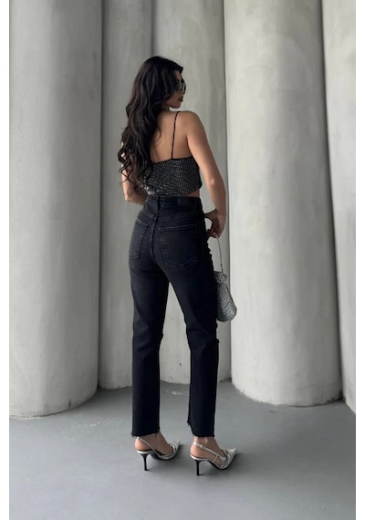 Kadın Antrasit Yırtık Detaylı Mom Jean Yüksek Bel Rahat Kalıp Denim Pantolon