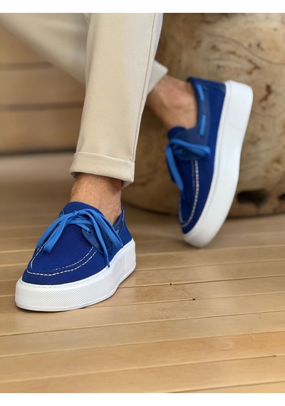 Roof Atelier Erkek Mavi Triko Kalın Taban Loafer Ayakkabı - 2602 - Triko Mavi