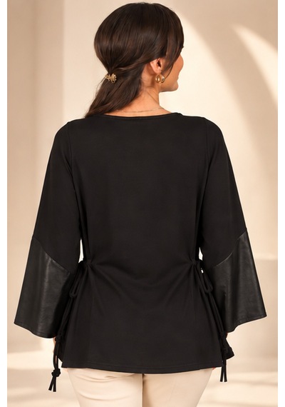 By Saygı Kadın Nakışlı Deri Garnili Rahat Kalıp Tünelli Tunik Bluz Siyah By Saygı Kadın Nakışlı Deri Garnili Rahat Kalıp Tünelli Tunik Bluz Siyah