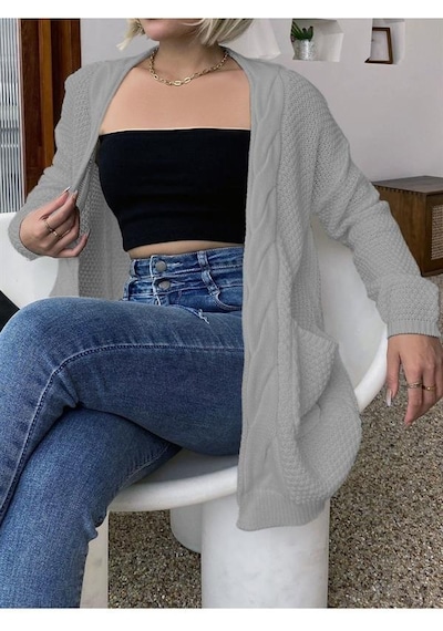 Aqe Fashion Örgü Şeritli Rahat Kalıp Esnek Cepli Kadın Gri Triko Hırka Gri