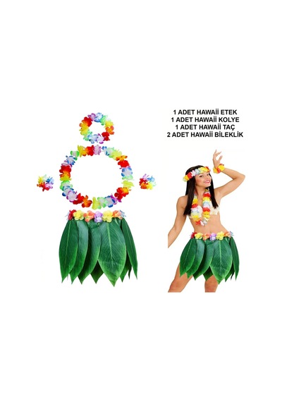 Yetişkin Hawaii Kostüm Seti - Yaprak Etek &amp Hawaii Set - 5 Parça