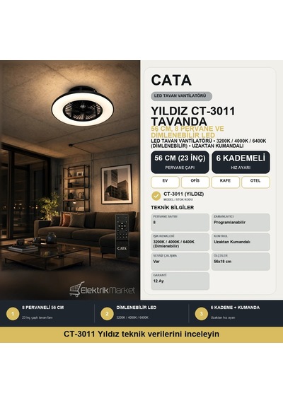 Cata Yıldız 56cm 23inç Led Tavan Vantilatör Ct-3011