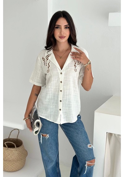 Asprin Fashion Omzu Dantel Detaylı Gömlek Beyaz