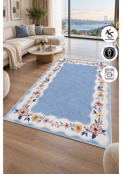 Floral Çerçeve Desenli Baskılı Kaymaz Yıkanabilir Salon Oturma Odası Mutfak Balkon Halısı Yolluk Mavi