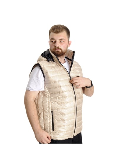 Mode Xl Büyük Beden Erkek Yelek Kapitone Kapüşonlu 22600 Ekru 001