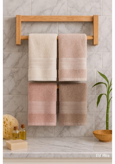 4 Lü El Yüz Havlu Seti %100 Pamuklu 50x85 Cm Aura Pudra