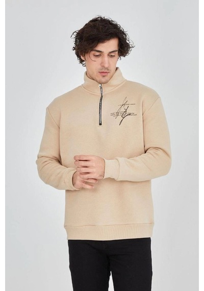 Erkek Yarım Fermuarlı Baskılı 3 İplik Pamuklu Sweatshirt - Bej