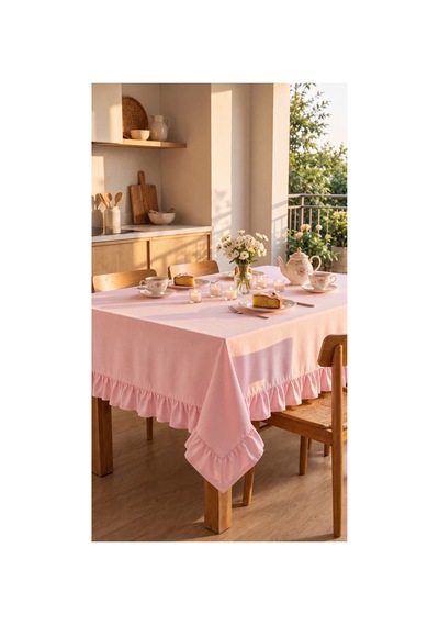 Fırfırlı Pamuklu Kumaş Masa Örtüsü Pembe - 719735433 Pembe