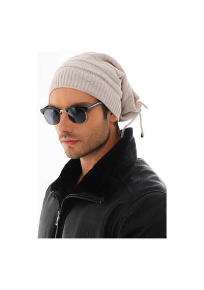 Ritagarcia Unisex Arkası İpli Büzgülü Triko Bere Kışlık Dökümlü Slouchy Beanie Bere Taş Rengi