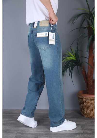 Felvıno Erkek Yıkamalı Baggy Bol Kesim Kot Pantolon Orta Mavi