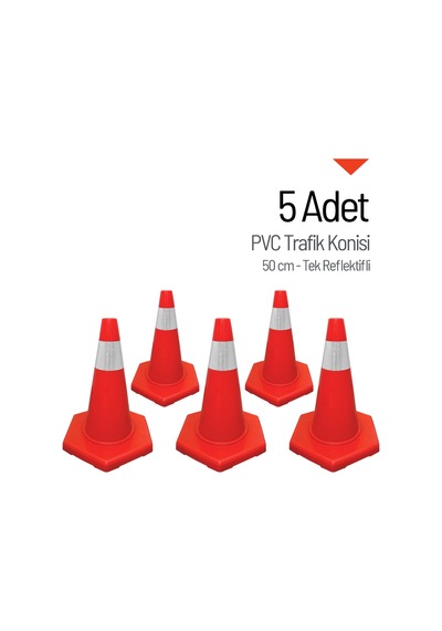5'li Pvc Trafik Konisi Seti 50 Cm Tek Reflektifli Trafik Dubası-3633