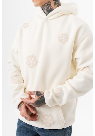 Respire Erkek Süzene Nakış Detaylı Kapüşonlu Oversize Polar Hoodie Ekru