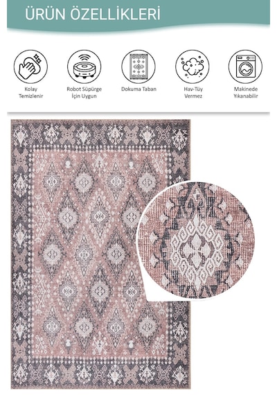 Stonart Eskitme Vintage Desenli Pudra Otantik Yıkanabilir Şönil Halı Al 465 Renkli