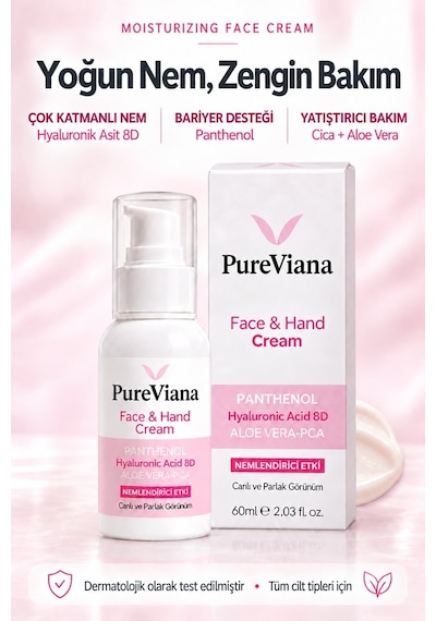 Pureviana Hyaluronik Asit 8D + Aloe Vera + Cica Bariyer Onarıcı Yatıştırıcı ve Nemlendirici Yüz Kremi 60 ML