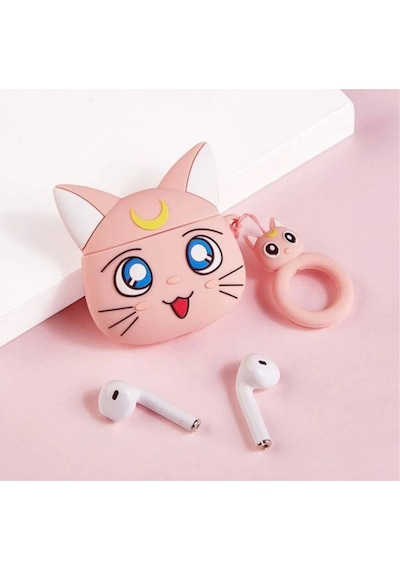 Apple Uyumlu iPhone 1/2. Nesil  Koruyucu Bluetooth Kulaklık Kılıfı Kedicik Mouse Figürlü Pembe Airpods 1/2. Nesil