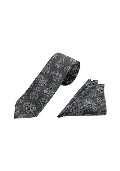 Brianze 7 Cm Gri Siyah Şal Desen Kravat Mendil Set Gri - Siyah