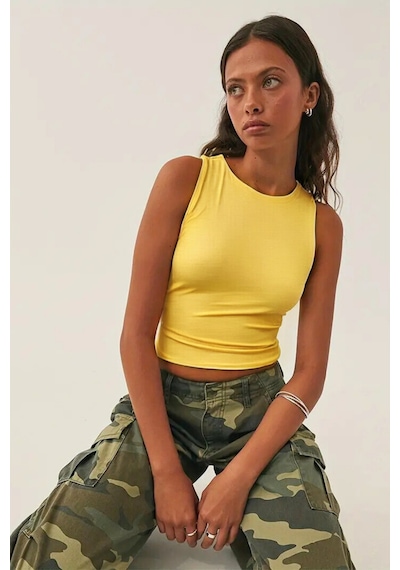 Tarz Cool Kadın Atlet Düz Basic Crop Kolsuz T-shirt Açık Sarı