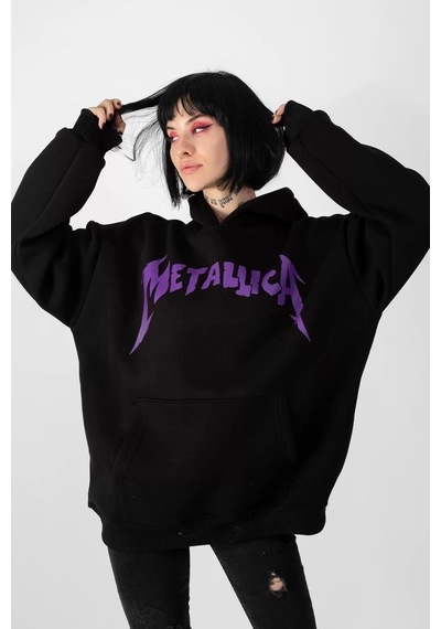 Startmore Metallica Mor Sırt Baskılı Beyaz Oversize Kapüşonlu Siyah