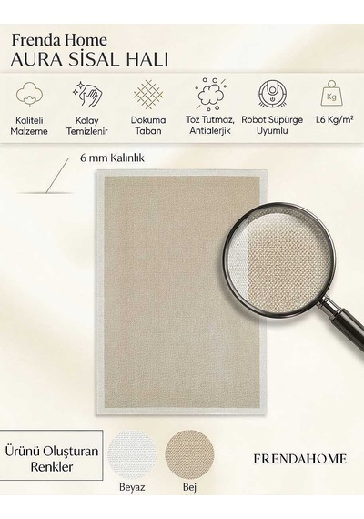 Aura Beyaz Çerçeveli Bej Sisal Dokuma Kolay Temizlenebilen Mutfak Salon Koridor Ve Balkon Halısı