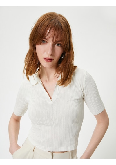 Koton Polo Yaka Kazak Triko Crop Kısa Kollu Ekru 4sak90144ht Ekru