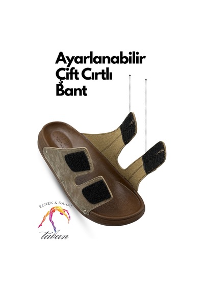 Sermoda Erkek Terlik - Çift Toka Ayarlanabilir Esnek Taban Deri Erkek Terlik C Haki
