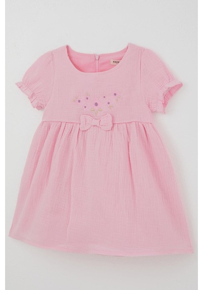 Breeze Kız Çocuk Elbise Çiçek Nakışlı Kolları Lastikli Fiyonk Aksesuarlı 1-4 Yaş , Pembe