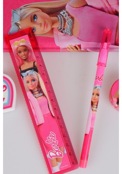 X Dekomus Lisanslı Barbie Yıldız Tasarımlı 5'li Kırtasiye Seti Metal Kalem Kutusu,cetvel,kalem Açık Gri