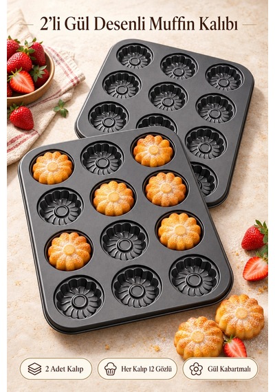 Tilbe Home 2'li Gül Kabartma 12'li Muffin Kalıbı Yapışmaz Cupcake Kek Kapsül Brownie Fırın Tepsisi P Siyah
