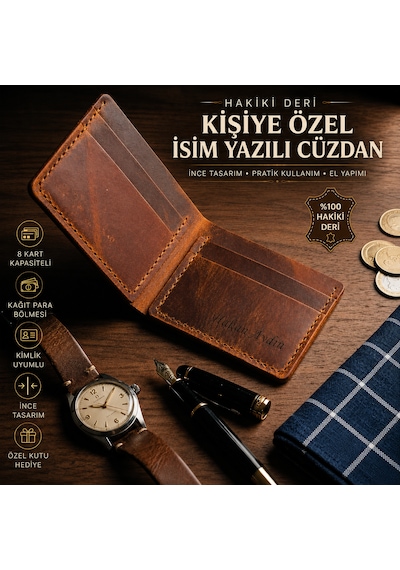 Deri Sepeti Kişiye Özel Isim Yazılı Hakiki Deri Ince Erkek Cüzdan Greyze Taba