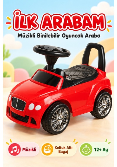 Müzikli İlk Arabam Koltuk Altı Bagajlı, Ayakla İtmeli Kırmızı Çocuk Arabası, 12 Ay+