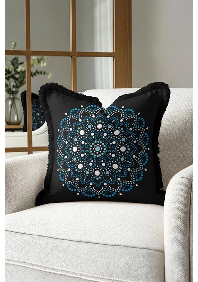 Mandala Şıklığı Saçaklı Yastık Kılıfı - Bohem Siyah Mavi Püsküllü Kırlent Kılıfı Grili Krem Bej