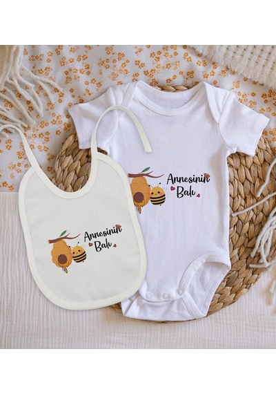 Bitmeyenkartus Bk Kids Annesinin Balı Tasarımlı Bebek Body Zıbın Ve Mama Önlüğü Çok Renkli