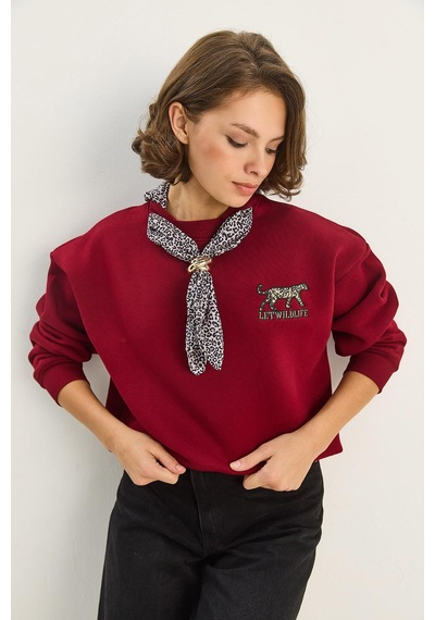Shade Kadın Fular Detaylı Leopar Nakışlı Üç İplik Şardonlu Oversize Sweatshirt 6917 60283616 - Bordo