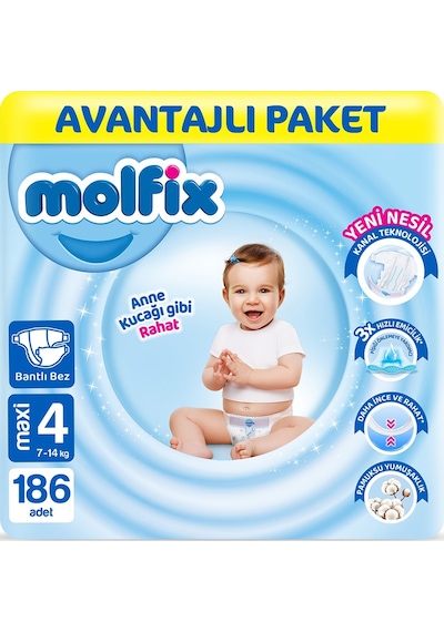 Molfix Bebek Bezi 4 Beden Maxi Avantajlı Paket 186 Adet