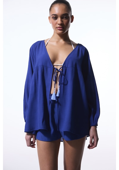 Penti Lacivert Freya Crinckle Kısa Kol V Yaka Midi Kimono