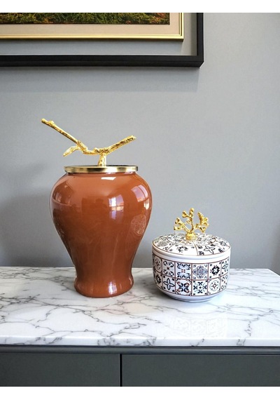 Dekoratif - Kahverengi Şah Küp Ceramic Obje Gold