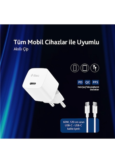 Ttec 2SCP03CB Smartcharger Gan 30W PD Seyahat Hızlı Şarj Aleti + USB-C - USB-C 3A Kablo