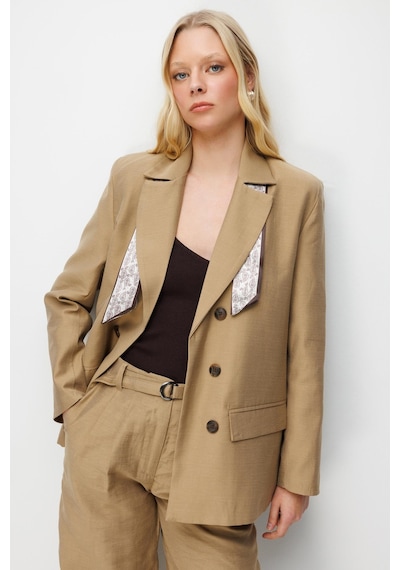 Mixray 4809 Kadın Fular Detaylı Keten Blazer Ceket Camel
