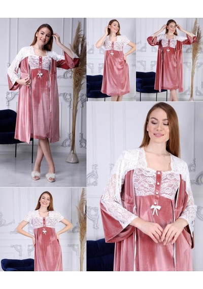Duchesse 7008 Gülkurusu Kadife Hamile Lohusa Gecelik Sabahlık Tak