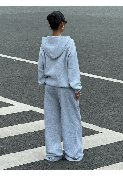 Macklin Unisex Kadın Erkek Calıfornıa Oversize 3 İplik Kapüşonlu Hoodie Ve Baggy Eşofman Altı Gri Melanj