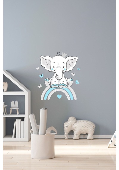 Mavi Renk Sevimli Fil Ve Gökkuşağı Duvar Sticker Seti