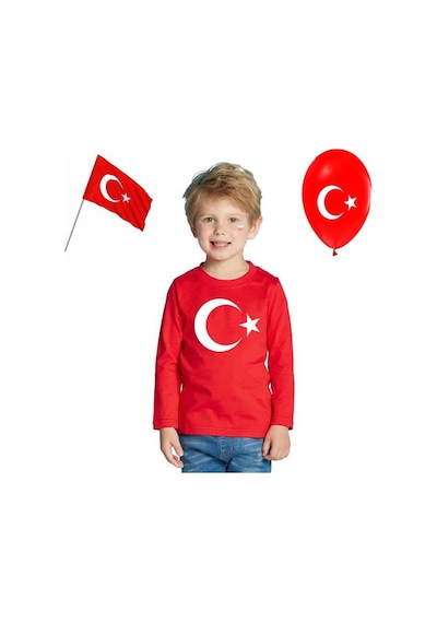 Masho Kids Uzun Kollu Çocuk Türk Bayrak Ay Yıldızlı Tişörtü - Bayrak + Balon
