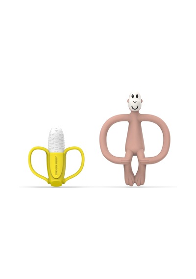 Matchstick Monkey Banana & Monkey Silikon Diş Kaşıyıcı Hediye Seti - Pembe Çok Renkli