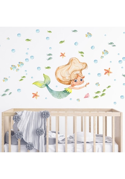 Artikel Deniz Kızı ve Deniz Canlıları Temalı Çocuk Odası Duvar Sticker 50 x 70 Cm